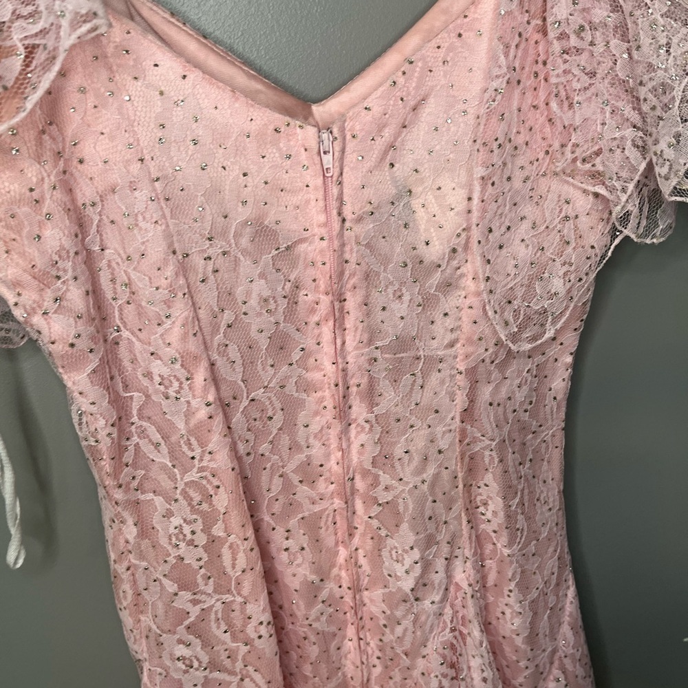 Nuance x Vintage 80s Cinderella Pink Tiered Asymmetrical Lace Rhinestone Dress - Picture 8 of 13